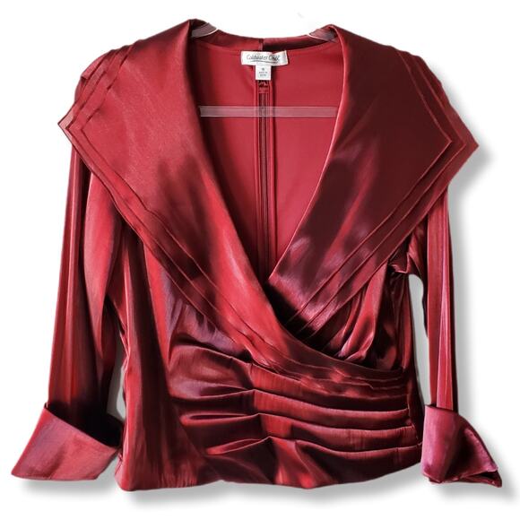 Women Red Holiday Organza Wrap Top Blouse 16 Event Cocktail Party Formal Shimmer - Picture 1 of 10